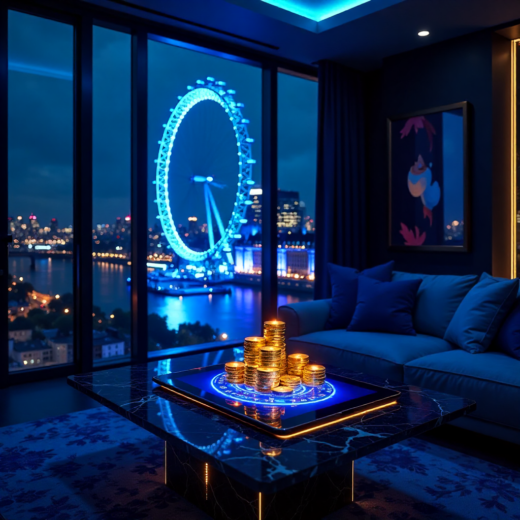 Ultra-luxury Mayfair penthouse interior at night with a panoramic view of the London Eye illuminated with royal blue neon lights, sleek futuristic furniture, a glowing True Fortune tablet on a dark marble table, floating 3D golden poker chips and royal bl
